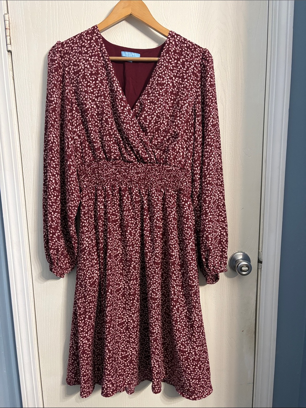 Draper James Burgundy Floral Long Sleeve Smocked Waist Dress